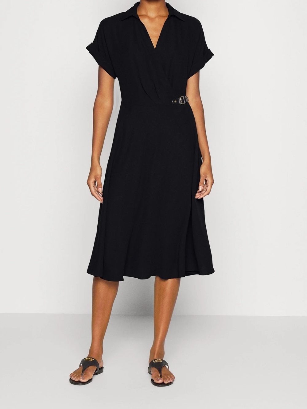 Lauren Ralph Lauren Black Wrap Midi Dress with Buckle Detail